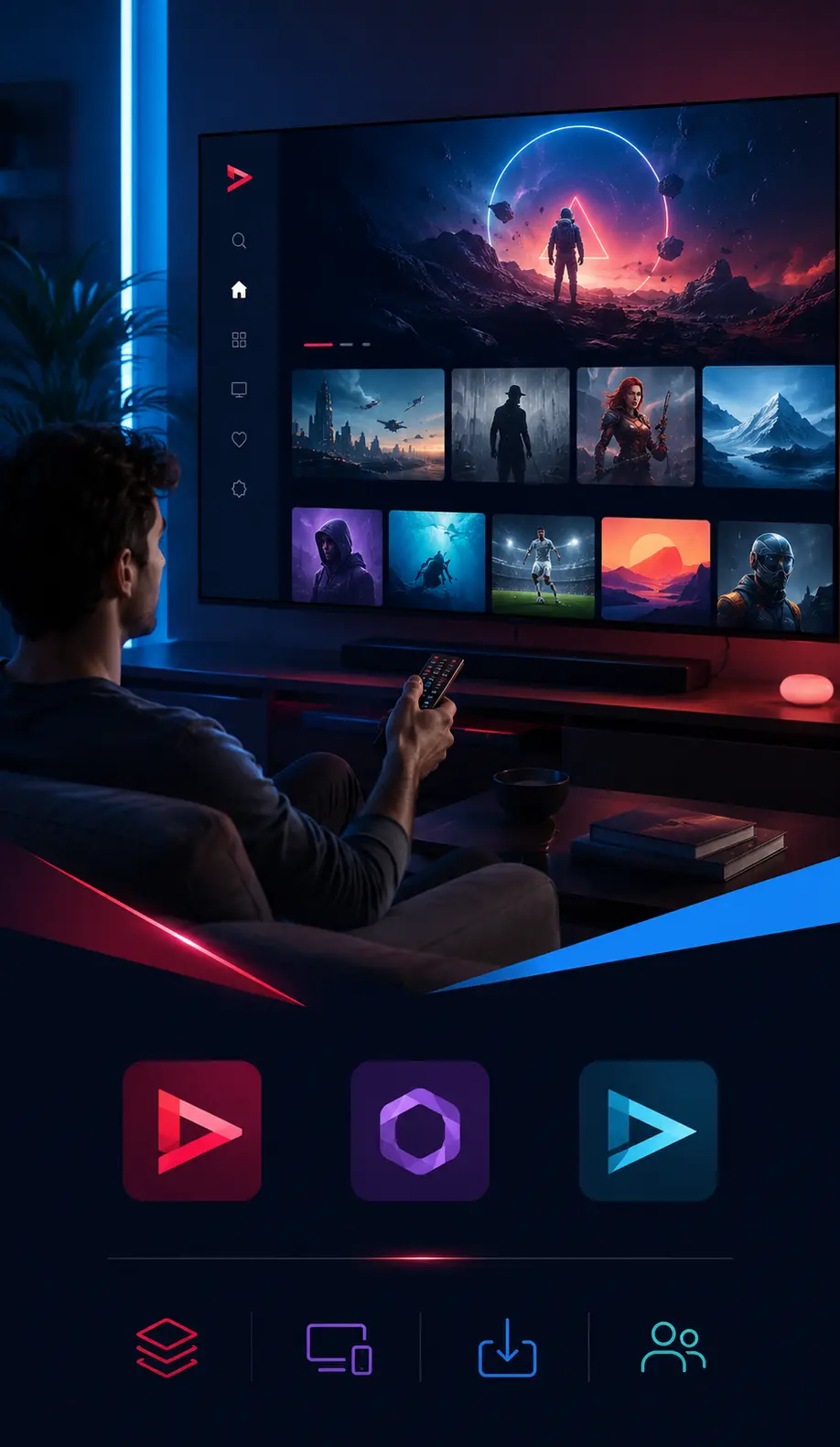 Pessoa escolhendo conteúdo em plataformas fictícias de streaming